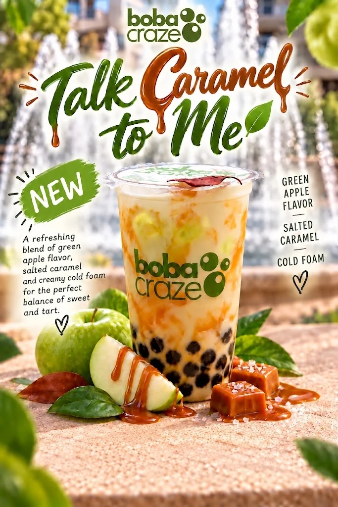 Talk Caramel to Me &mdash; new at Boba Craze. Green apple flavor, salted caramel and cold foam.