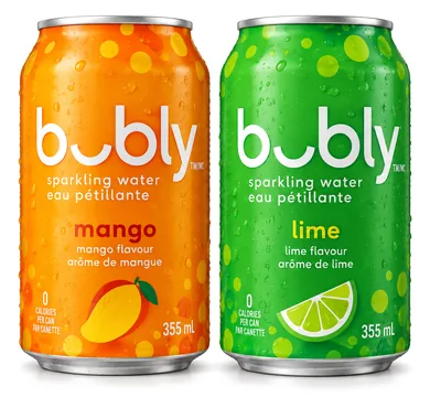 Cans of bubly sparkling water in mango and lime