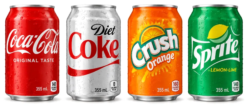 Cans of Coca-Cola, Diet Coke, Orange Crush and Sprite