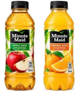 Bottles of Minute Maid apple and orange juice