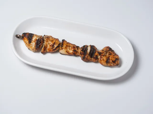 A grilled chicken souvlaki skewer on an oval plate