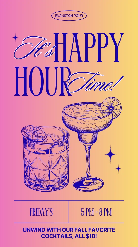 Friday happy hour flyer — fall favorite cocktails, all $10, 5 to 8 PM