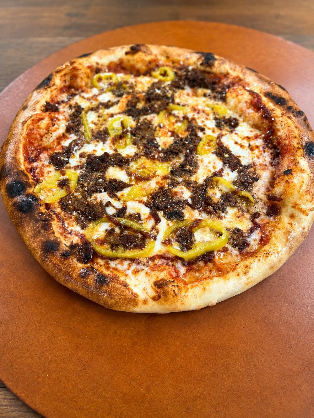 Brisket pie with BBQ sauce and banana peppers
