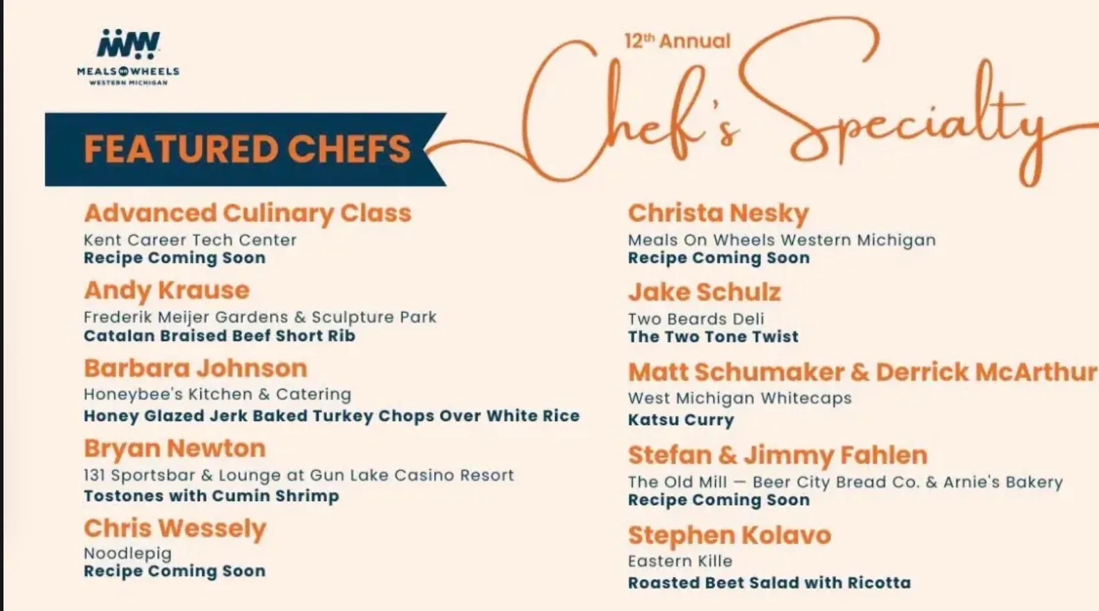Meals On Wheels Western Michigan 12th Annual Chef's Specialty featured chefs list naming Barbara Johnson of Honeybee's Kitchen & Catering