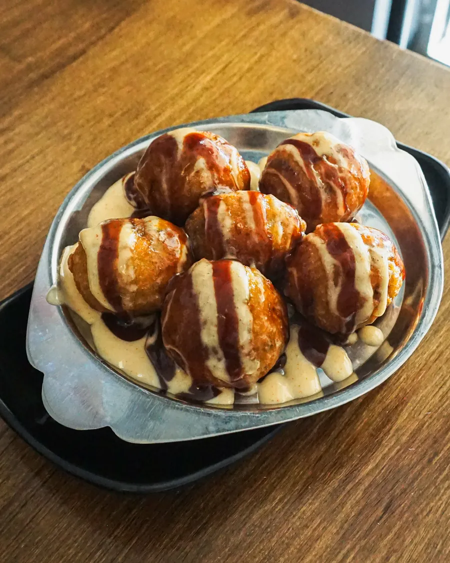 Takoyaki with sauce and mayonnaise
