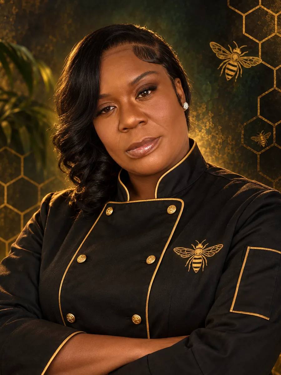 Chef Barbara Johnson of HoneyBee's Kitchen in a black and gold chef coat with a honeybee emblem