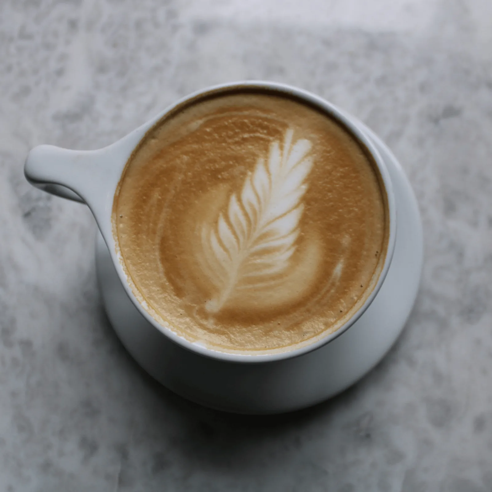 Overhead view of a latte in a white cup with delicate leaf-shaped latte art on a marble surface.