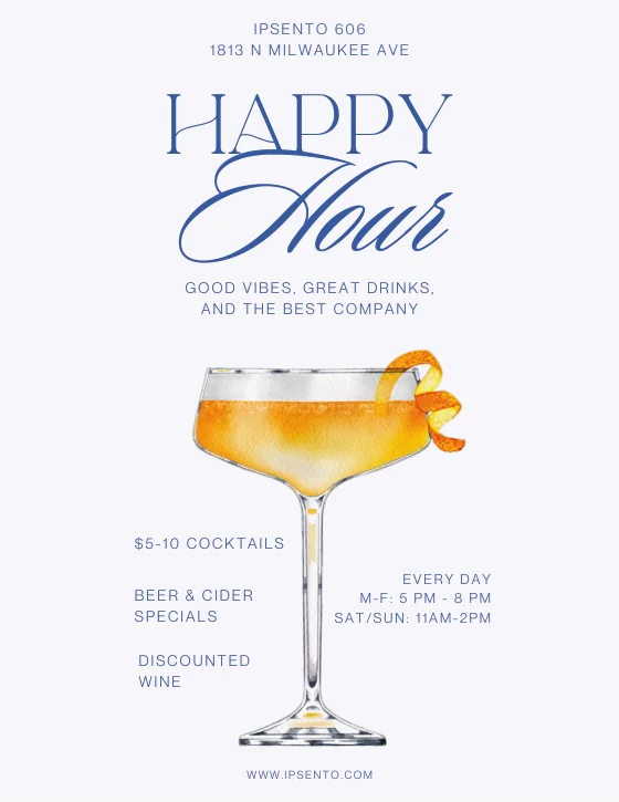 Ipsento 606 happy hour flyer — $5–10 cocktails, beer and cider specials, discounted wine; Monday to Friday 5 to 8 PM, Saturday and Sunday 11 AM to 2 PM