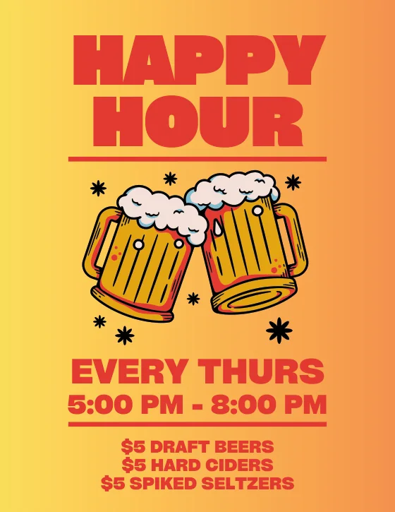 Thursday happy hour flyer — $5 draft beers, $5 hard ciders, $5 spiked seltzers, 5 to 8 PM