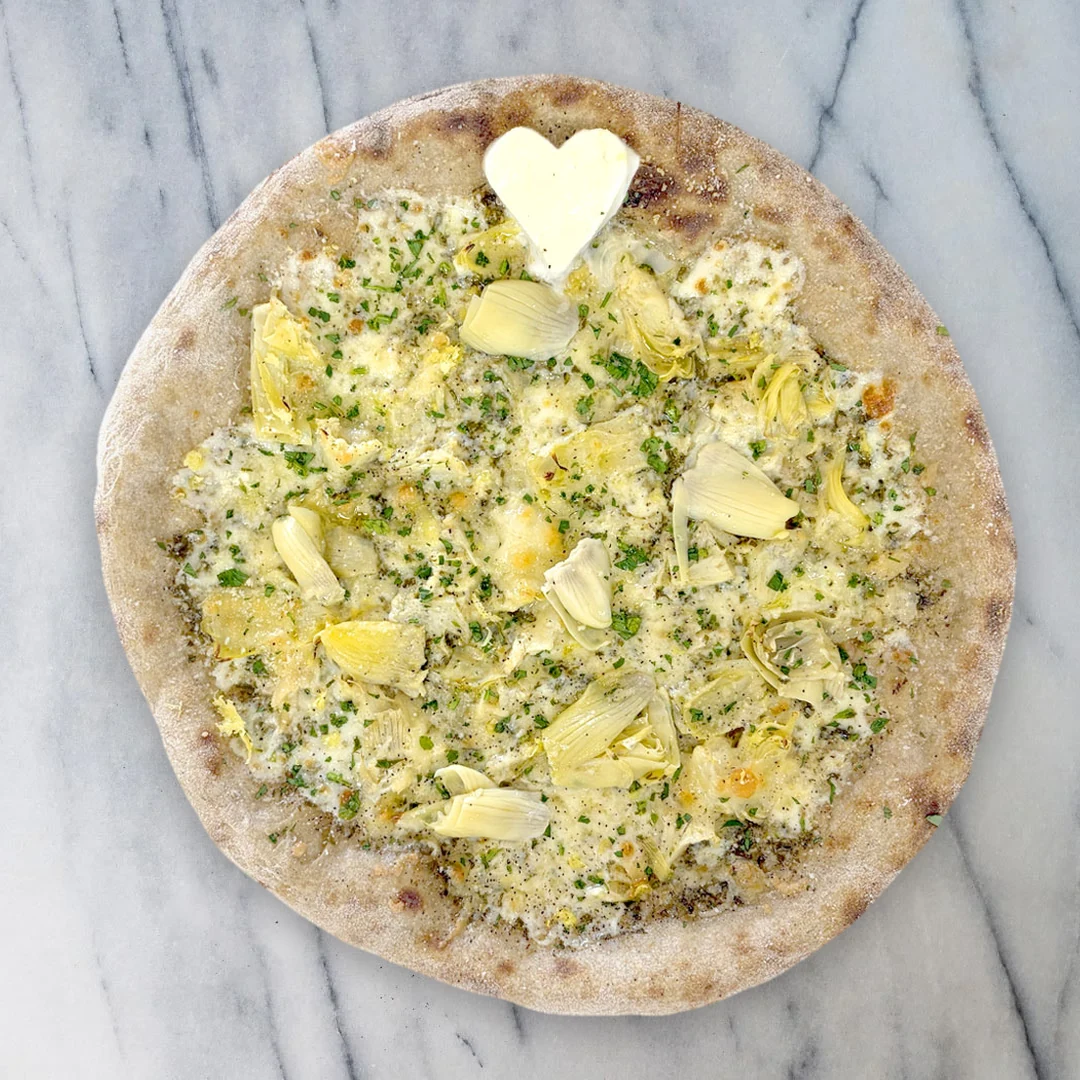 Lemontwist — lemon-garlic gremolata, artichokes, fresh mozzarella, roasted garlic, smoked gouda, parsley, olive oil and parmesan — Leolo Pizza Open Mic Series