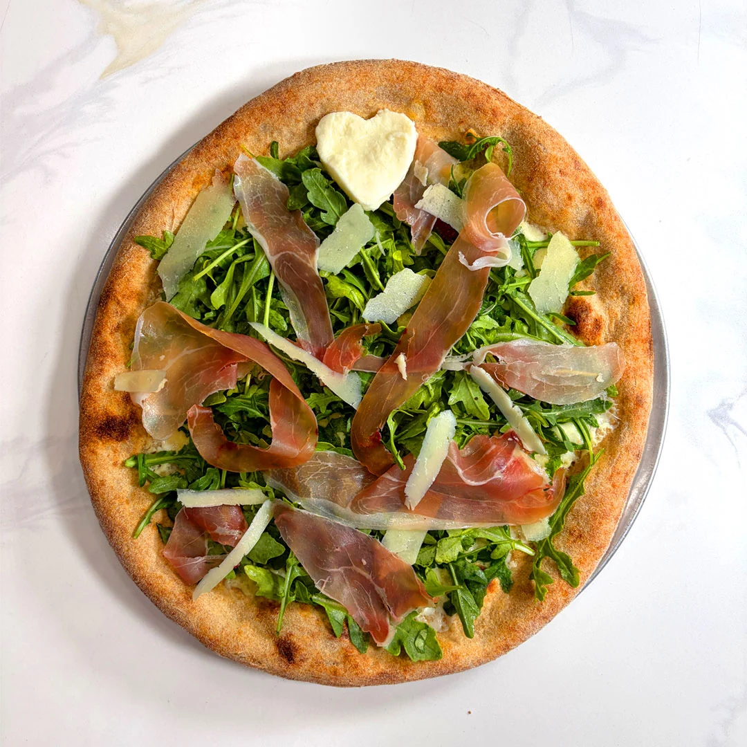 Balthazar — ricotta base with mission figs, arugula and prosciutto — Leolo Pizza Open Mic Series