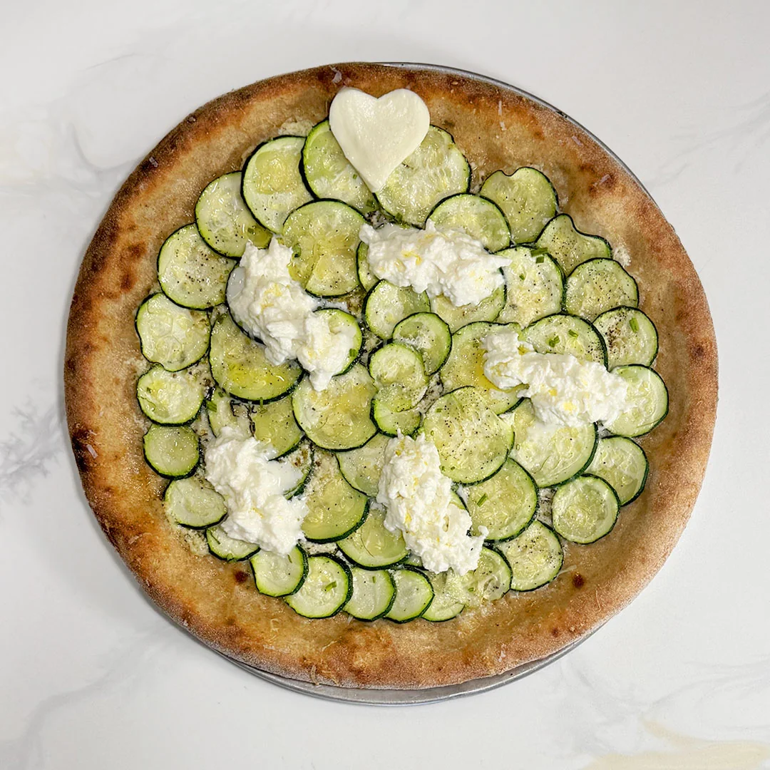 Zoudini — mint pea base with zucchini and burrata — Leolo Pizza Open Mic Series