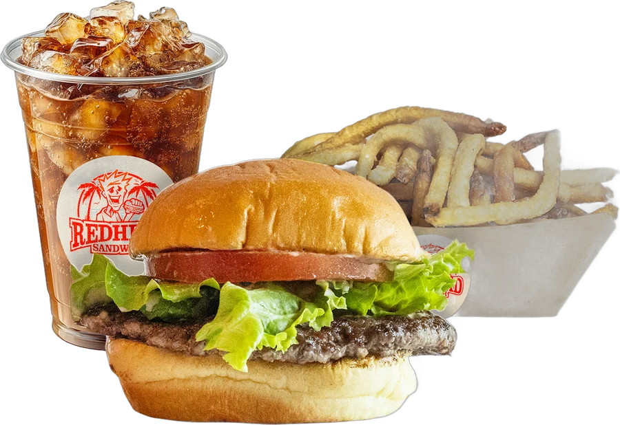 Classic burger with fries and a drink