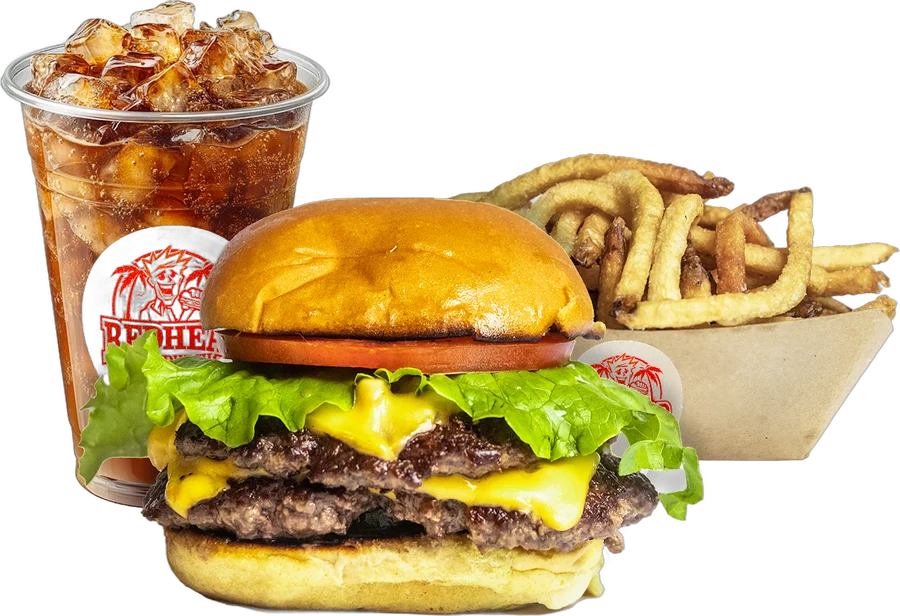 Double cheeseburger with fries and a drink