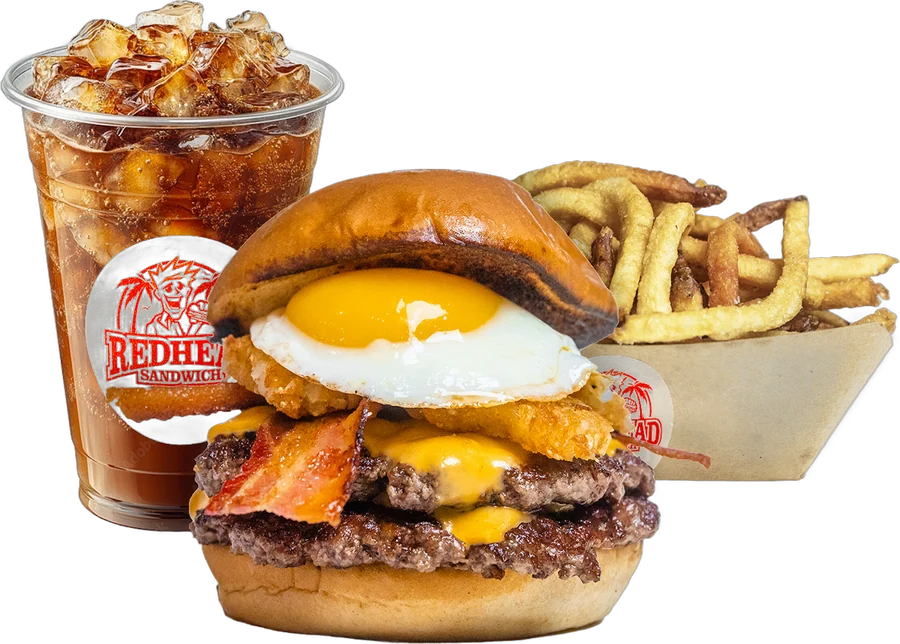 Hangover burger with fries and a drink