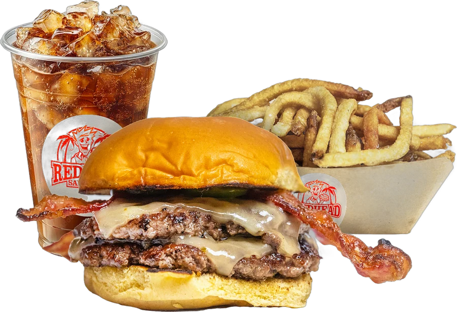 Redhot burger with fries and a drink