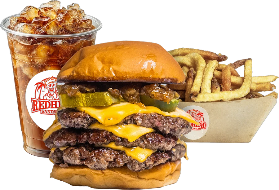Redhead burger with fries and a drink