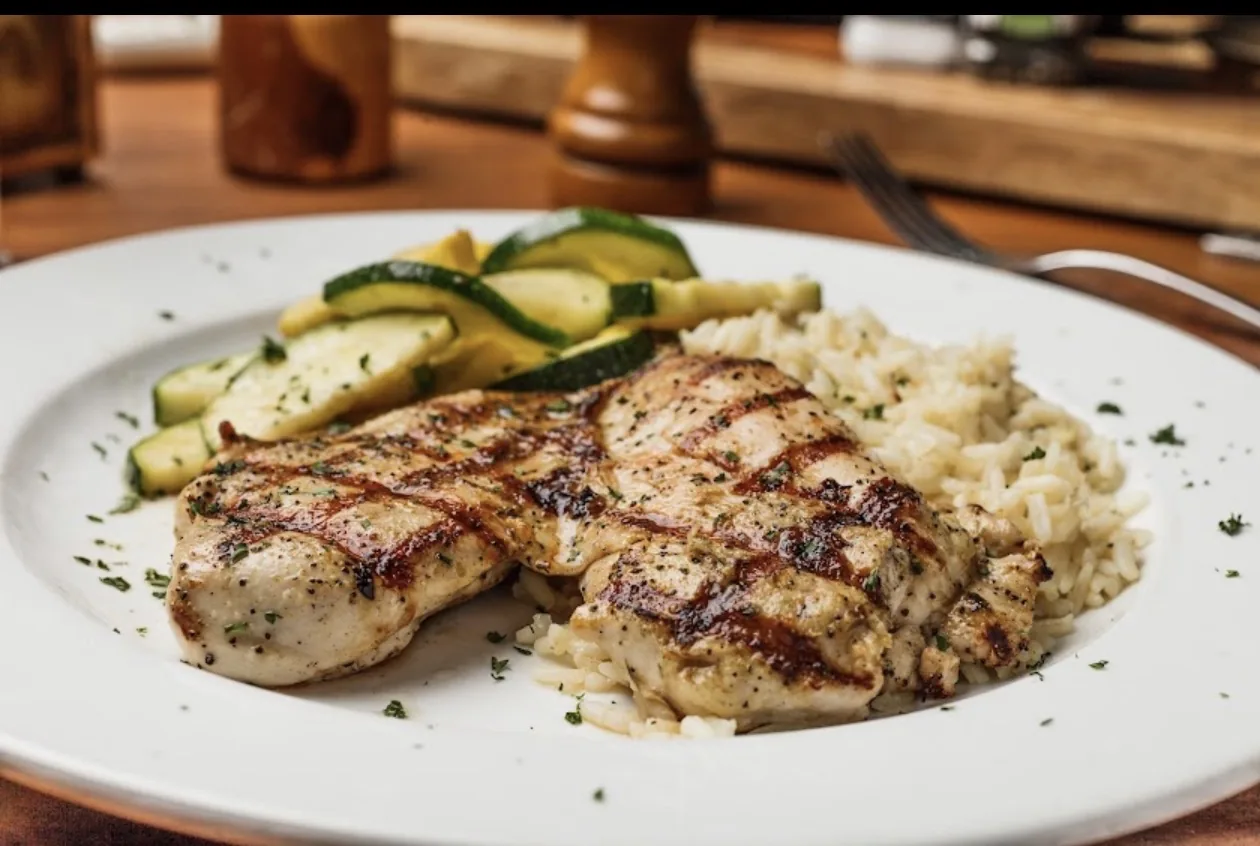 Roberta’s Prime — grilled chicken platter with rice and squash
