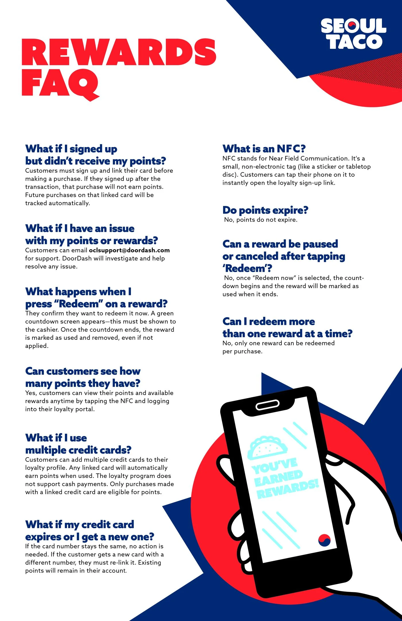 Seoul Taco Rewards FAQ — how to sign up, earn points, redeem rewards, use NFC tags, and link multiple credit cards.