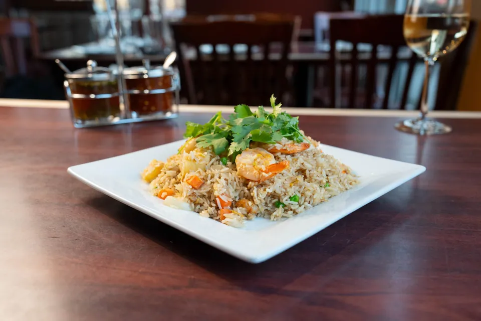 Pineapple fried rice with jasmine rice and snow peas
