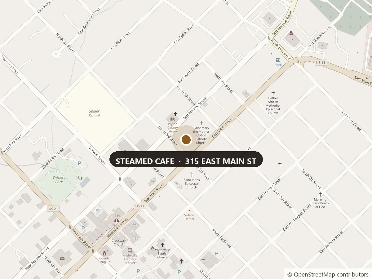 Map showing Steamed Cafe on East Main Street