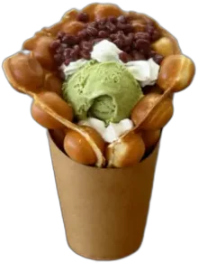 Egg Waffle Matcha Ice Cream Cone w. Red Bean