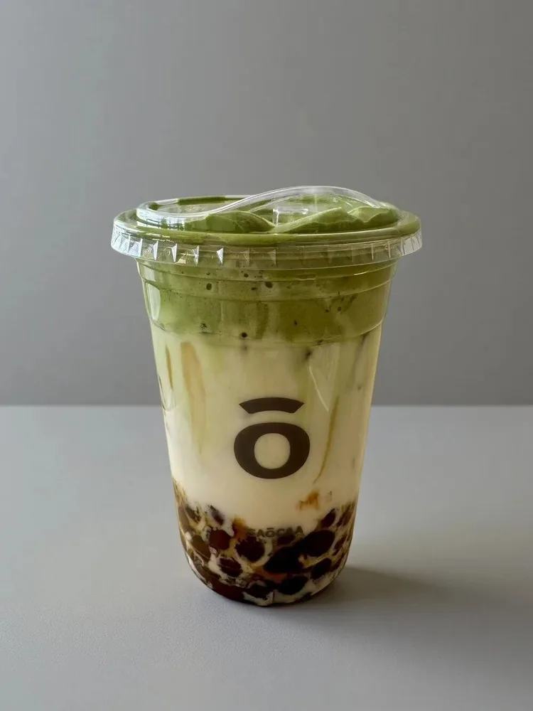 Matcha dalgona with boba, made with organic matcha and organic milk