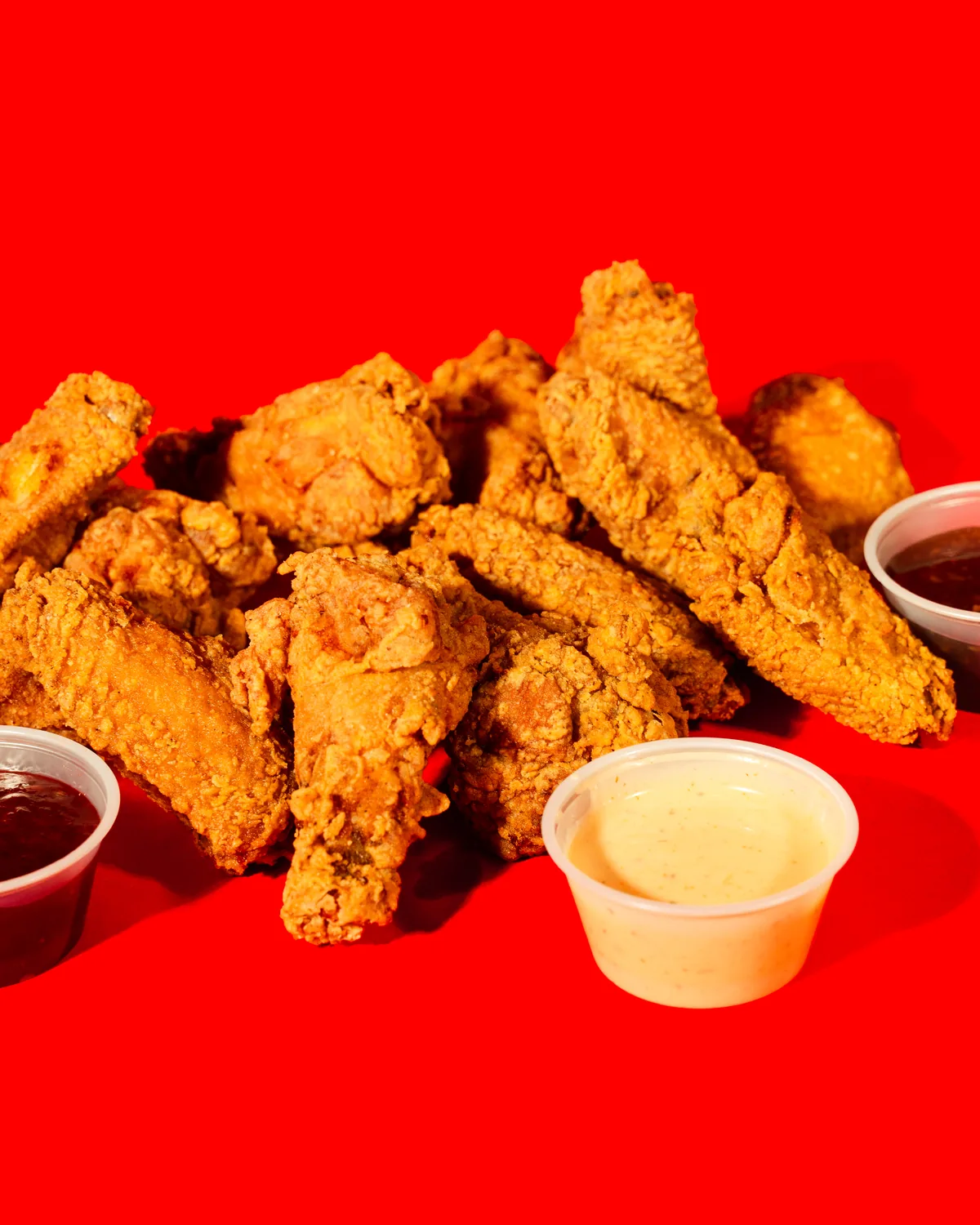 A spread of Ugly Chicken tenders and dipping sauces