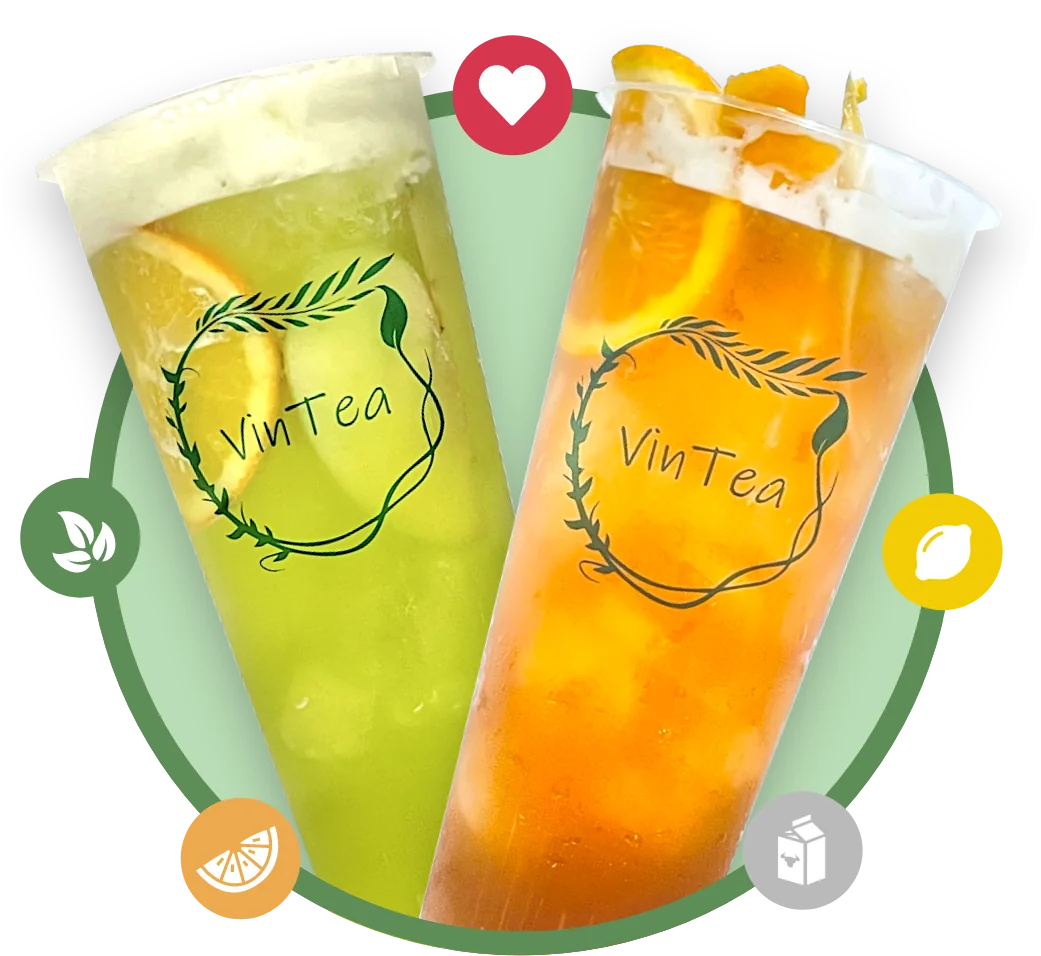 Two Vin Tea fresh fruit teas with the leaf-wreath logo